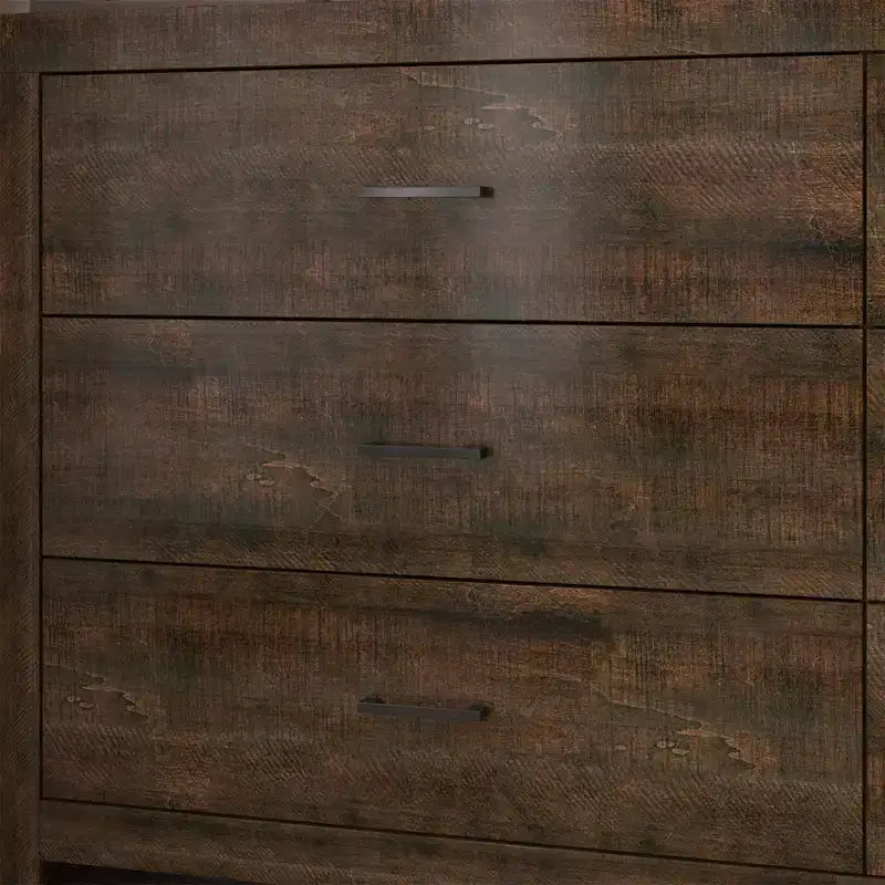 Commode horizontale Hitow à 6 tiroirs avec grain de bois et poignées noires pour le rangement du salon