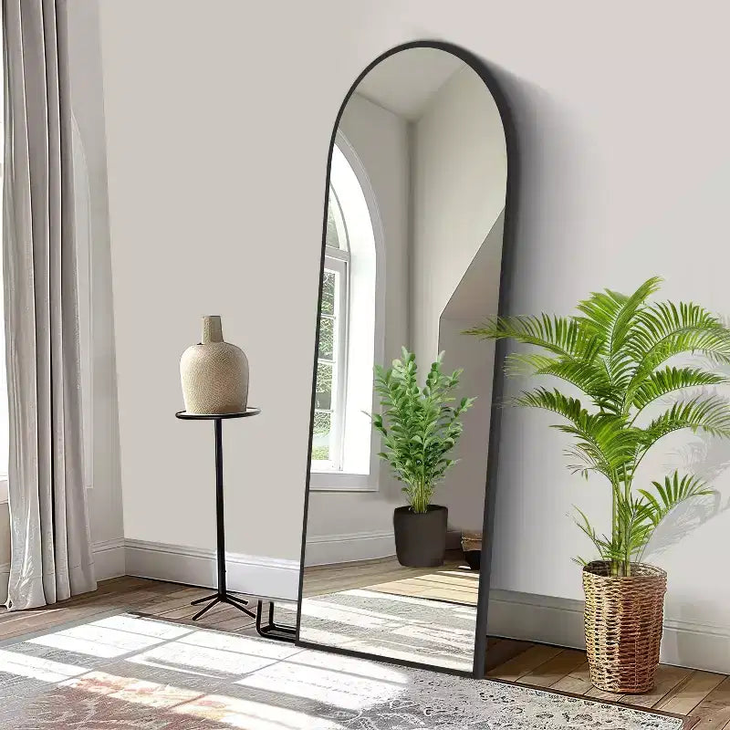 PexFix 64x21 Miroir sur Pied Pleine Longueur avec Cadre Fin en Alliage d'Aluminium, Angle Droit et Arc, Verre HD, Décor Moderne pour Chambre, Salon, Entrée, Noir