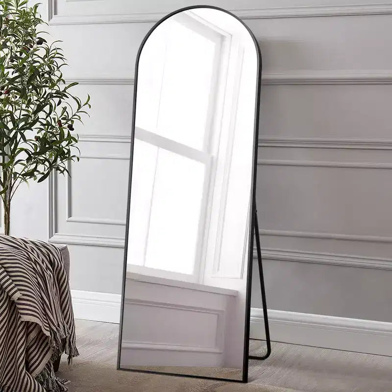 PexFix 64x21 Miroir sur Pied Pleine Longueur avec Cadre Fin en Alliage d'Aluminium, Angle Droit et Arc, Verre HD, Décor Moderne pour Chambre, Salon, Entrée, Noir