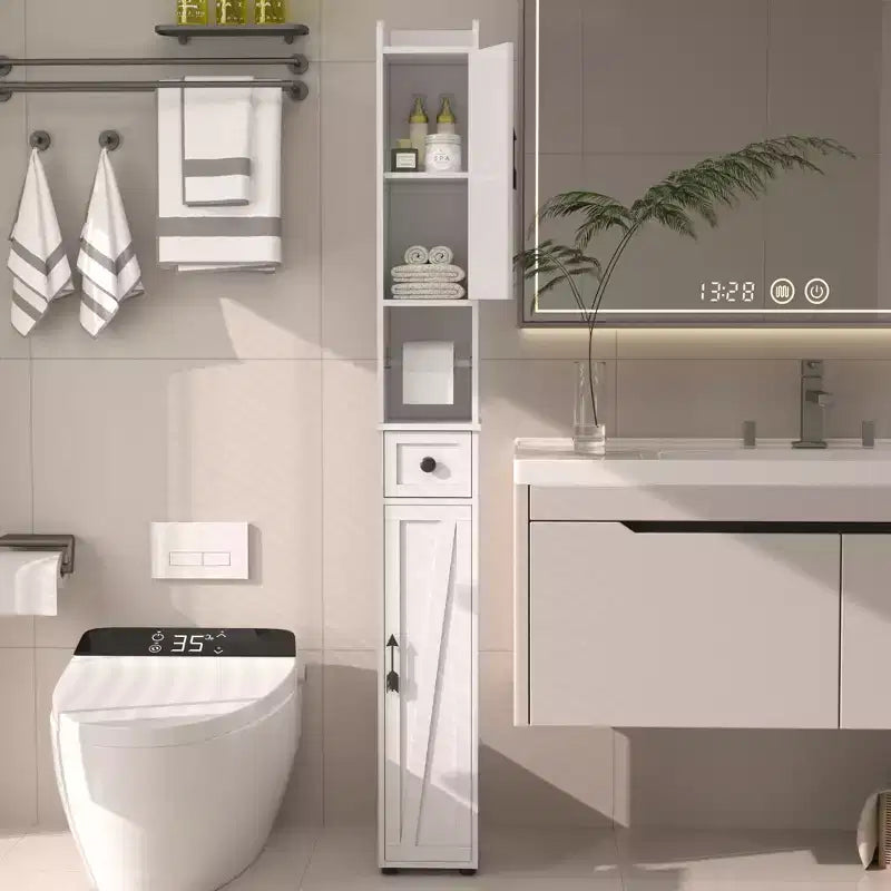 Meuble Colonne Salle de Bain Haute VECELO, Meuble de Rangement Étroit et Mince, Colonne de Linge avec 2 Portes et 1 Tiroir, Meuble Bas avec Étagères Réglables, Blanc