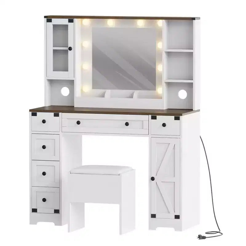 Makeup Vanity Desk, Adult Dressing Table Set, Vanity Desk with Lights Charging Station, Drawers, for Bathroom, Bedroom, White