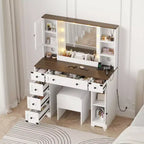 Coiffeuse, Ensemble Table de Maquillage Adulte, Coiffeuse avec Lumières Station de Recharge, Tiroirs, pour Salle de Bain, Chambre, Blanc