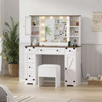 Coiffeuse, Ensemble Table de Maquillage Adulte, Coiffeuse avec Lumières Station de Recharge, Tiroirs, pour Salle de Bain, Chambre, Blanc