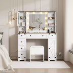 Coiffeuse, Ensemble Table de Maquillage Adulte, Coiffeuse avec Lumières Station de Recharge, Tiroirs, pour Salle de Bain, Chambre, Blanc
