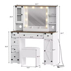 Coiffeuse, Ensemble Table de Maquillage Adulte, Coiffeuse avec Lumières Station de Recharge, Tiroirs, pour Salle de Bain, Chambre, Blanc