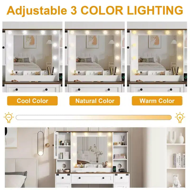Coiffeuse, Ensemble Table de Maquillage Adulte, Coiffeuse avec Lumières Station de Recharge, Tiroirs, pour Salle de Bain, Chambre, Blanc