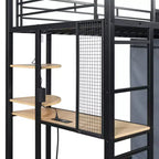 Lit mezzanine en métal double/double avec bureau, étagères, prise de courant, lumière LED et armoire, noir/blanc - ModernLuxe