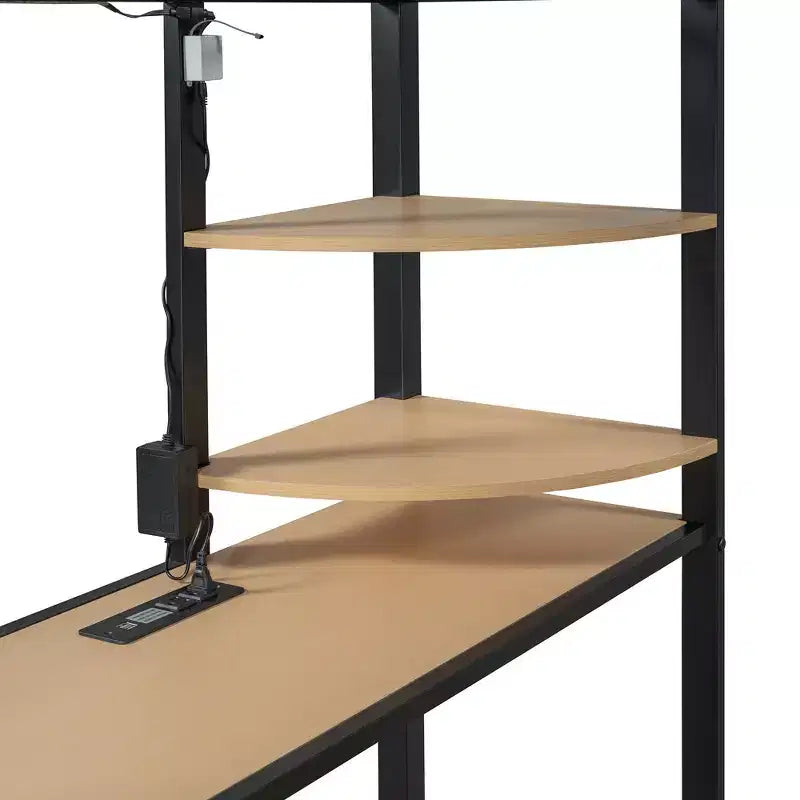 Lit mezzanine en métal double/double avec bureau, étagères, prise de courant, lumière LED et armoire, noir/blanc - ModernLuxe