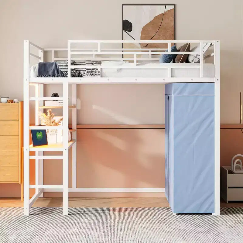 Lit mezzanine en métal double/double avec bureau, étagères, prise de courant, lumière LED et armoire, noir/blanc - ModernLuxe