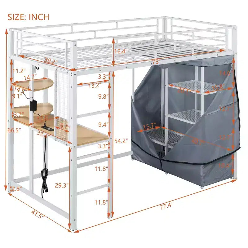 Lit mezzanine en métal double/double avec bureau, étagères, prise de courant, lumière LED et armoire, noir/blanc - ModernLuxe