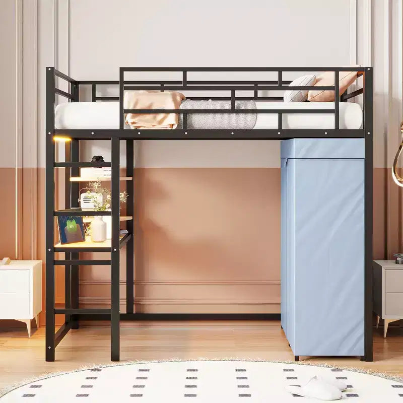 Lit mezzanine en métal double/double avec bureau, étagères, prise de courant, lumière LED et armoire, noir/blanc - ModernLuxe