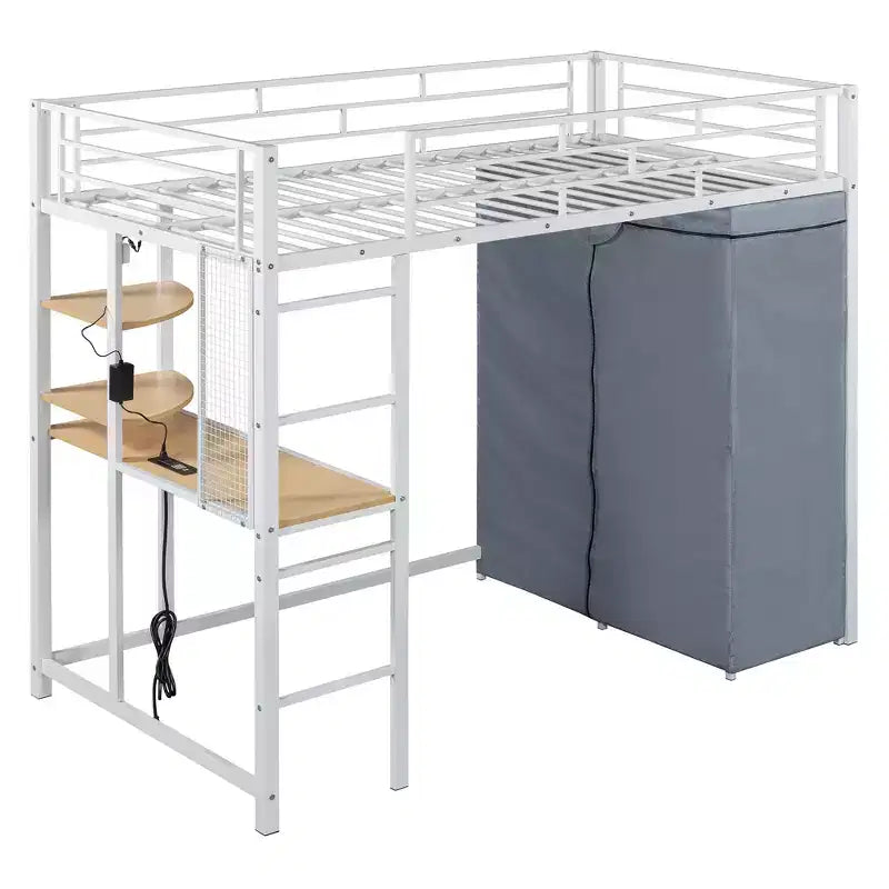 Lit mezzanine en métal double/double avec bureau, étagères, prise de courant, lumière LED et armoire, noir/blanc - ModernLuxe