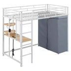Lit mezzanine en métal double/double avec bureau, étagères, prise de courant, lumière LED et armoire, noir/blanc - ModernLuxe