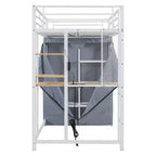 Lit mezzanine en métal double/double avec bureau, étagères, prise de courant, lumière LED et armoire, noir/blanc - ModernLuxe