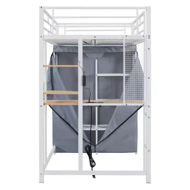 Lit mezzanine en métal double/double avec bureau, étagères, prise de courant, lumière LED et armoire, noir/blanc - ModernLuxe