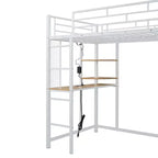 Lit mezzanine en métal double/double avec bureau, étagères, prise de courant, lumière LED et armoire, noir/blanc - ModernLuxe
