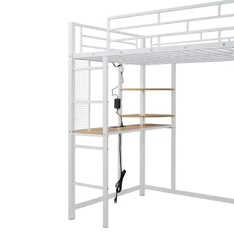 Lit mezzanine en métal double/double avec bureau, étagères, prise de courant, lumière LED et armoire, noir/blanc - ModernLuxe
