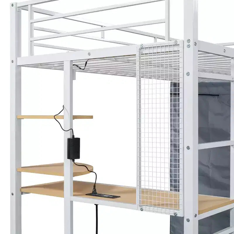 Lit mezzanine en métal double/double avec bureau, étagères, prise de courant, lumière LED et armoire, noir/blanc - ModernLuxe