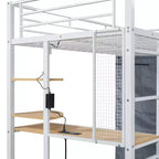 Lit mezzanine en métal double/double avec bureau, étagères, prise de courant, lumière LED et armoire, noir/blanc - ModernLuxe