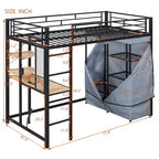 Lit mezzanine en métal double/double avec bureau, étagères, prise de courant, lumière LED et armoire, noir/blanc - ModernLuxe