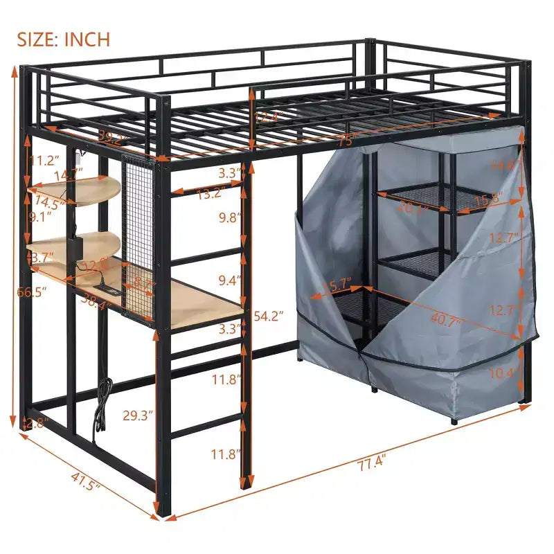 Lit mezzanine en métal double/double avec bureau, étagères, prise de courant, lumière LED et armoire, noir/blanc - ModernLuxe