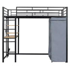 Lit mezzanine en métal double/double avec bureau, étagères, prise de courant, lumière LED et armoire, noir/blanc - ModernLuxe