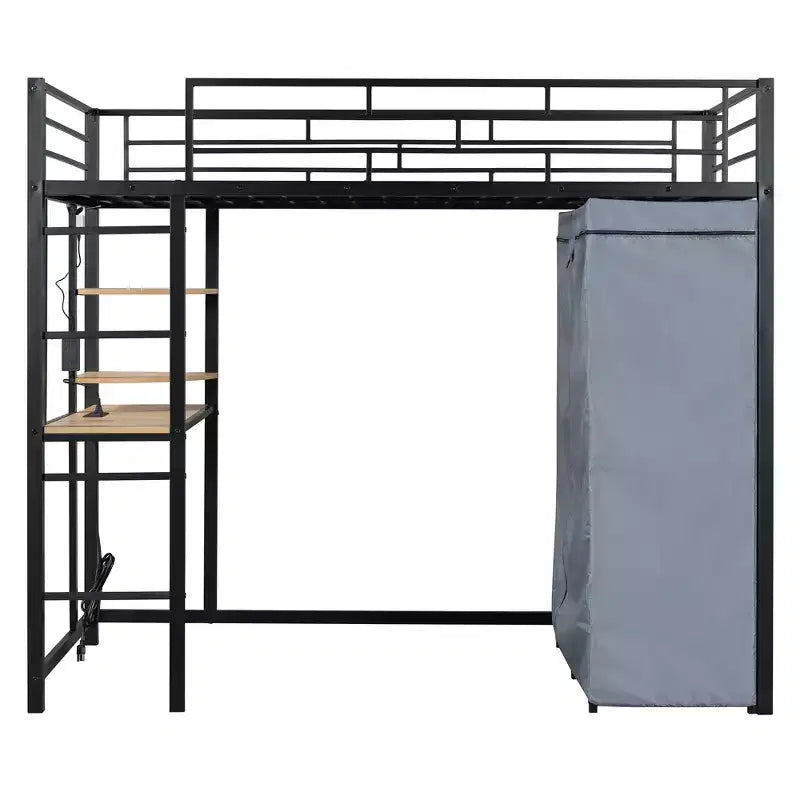 Lit mezzanine en métal double/double avec bureau, étagères, prise de courant, lumière LED et armoire, noir/blanc - ModernLuxe