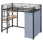 Lit mezzanine en métal double/double avec bureau, étagères, prise de courant, lumière LED et armoire, noir/blanc - ModernLuxe