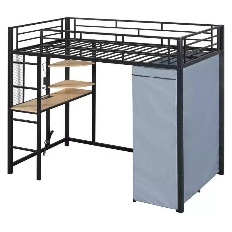 Lit mezzanine en métal double/double avec bureau, étagères, prise de courant, lumière LED et armoire, noir/blanc - ModernLuxe