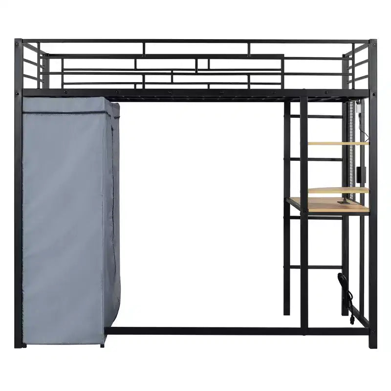 Lit mezzanine en métal double/double avec bureau, étagères, prise de courant, lumière LED et armoire, noir/blanc - ModernLuxe