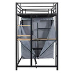 Lit mezzanine en métal double/double avec bureau, étagères, prise de courant, lumière LED et armoire, noir/blanc - ModernLuxe