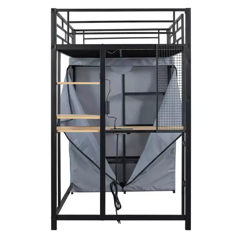 Lit mezzanine en métal double/double avec bureau, étagères, prise de courant, lumière LED et armoire, noir/blanc - ModernLuxe