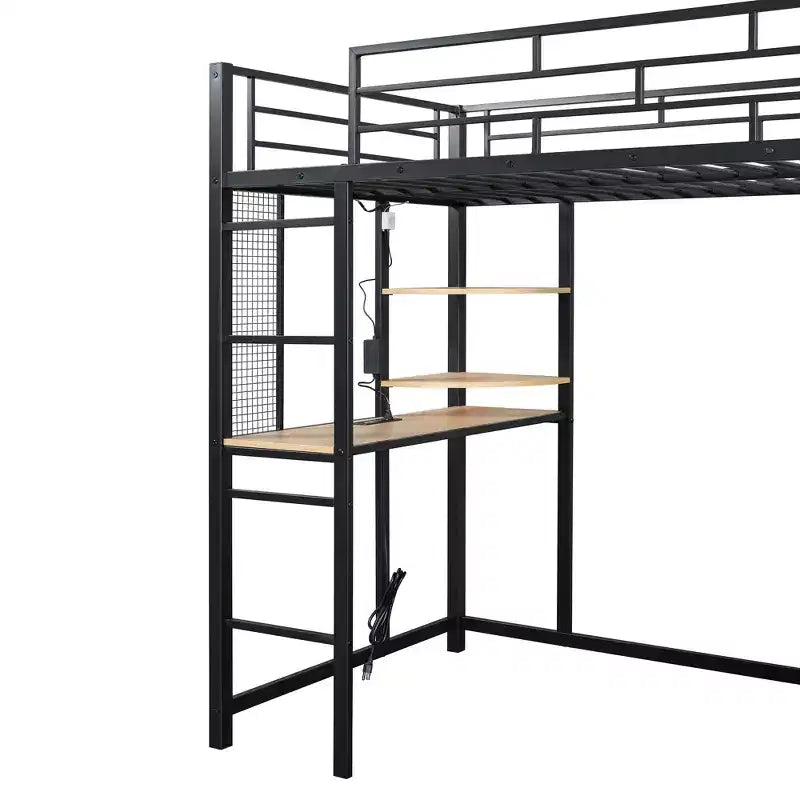 Lit mezzanine en métal double/double avec bureau, étagères, prise de courant, lumière LED et armoire, noir/blanc - ModernLuxe