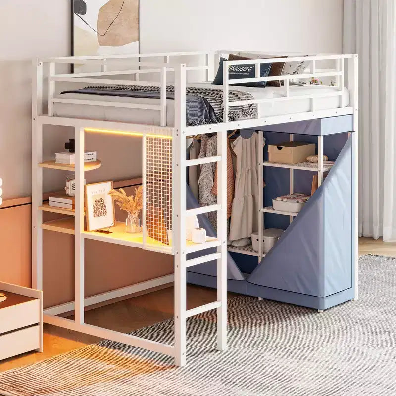 Lit mezzanine en métal double/double avec bureau, étagères, prise de courant, lumière LED et armoire, noir/blanc - ModernLuxe