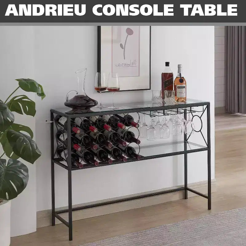Kings Brand Furniture - Console/Table de canapé avec casier à vin, meuble bar à vin avec étagère à vin et porte-verres, bronze/verre