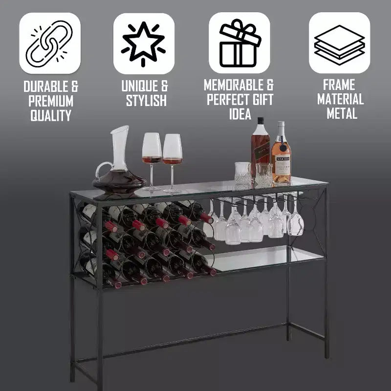 Kings Brand Furniture - Console/Table de canapé avec casier à vin, meuble bar à vin avec étagère à vin et porte-verres, bronze/verre
