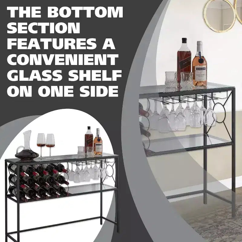 Kings Brand Furniture - Console/Table de canapé avec casier à vin, meuble bar à vin avec étagère à vin et porte-verres, bronze/verre
