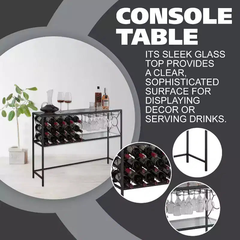 Kings Brand Furniture - Console/Table de canapé avec casier à vin, meuble bar à vin avec étagère à vin et porte-verres, bronze/verre