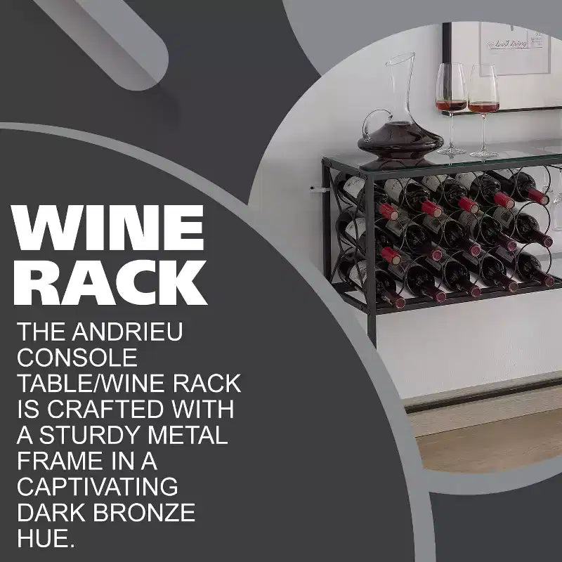 Kings Brand Furniture - Console/Table de canapé avec casier à vin, meuble bar à vin avec étagère à vin et porte-verres, bronze/verre