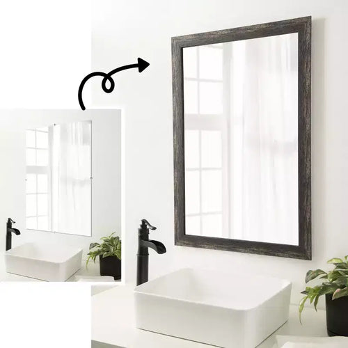 Amanti Art Mirror Makeover Bathroom Mirror Frame Border Kit - Fully Assembled Peel and Stick Frame - Mirror NOT Included - Bark Rustic Char Trim