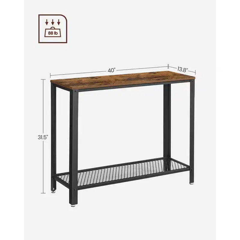 Console, table d'entrée à 2 niveaux avec étagère en treillis, table de canapé étroite, cadre en acier, pieds réglables Marron rustique et noir