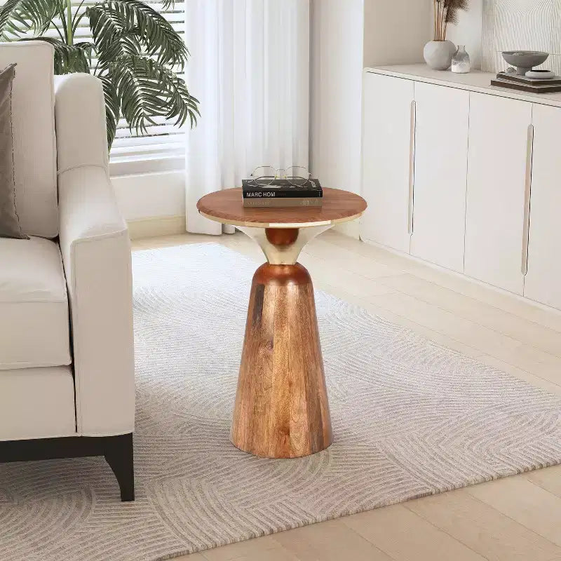 Christopher Knight Home Vera Mango Wood and Metal Round End Table, Gold/Walnut