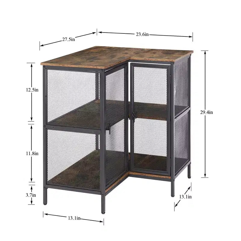 Meuble de rangement d'angle à 3 niveaux VECELO avec portes en maille, étagère d'angle rustique en forme de L, petit meuble de rangement d'angle pour salon, bureau à domicile