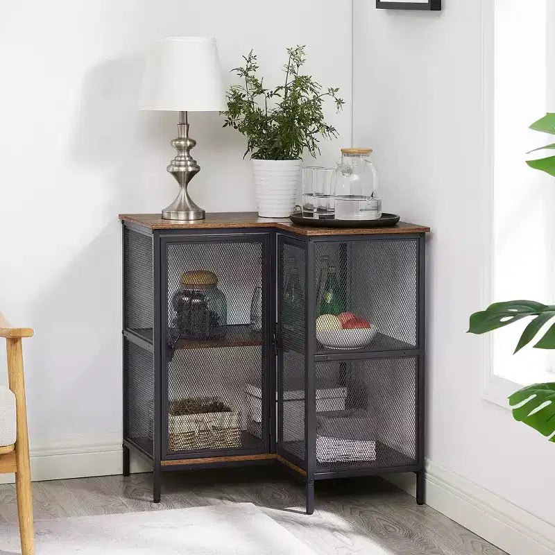 Meuble de rangement d'angle à 3 niveaux VECELO avec portes en maille, étagère d'angle rustique en forme de L, petit meuble de rangement d'angle pour salon, bureau à domicile