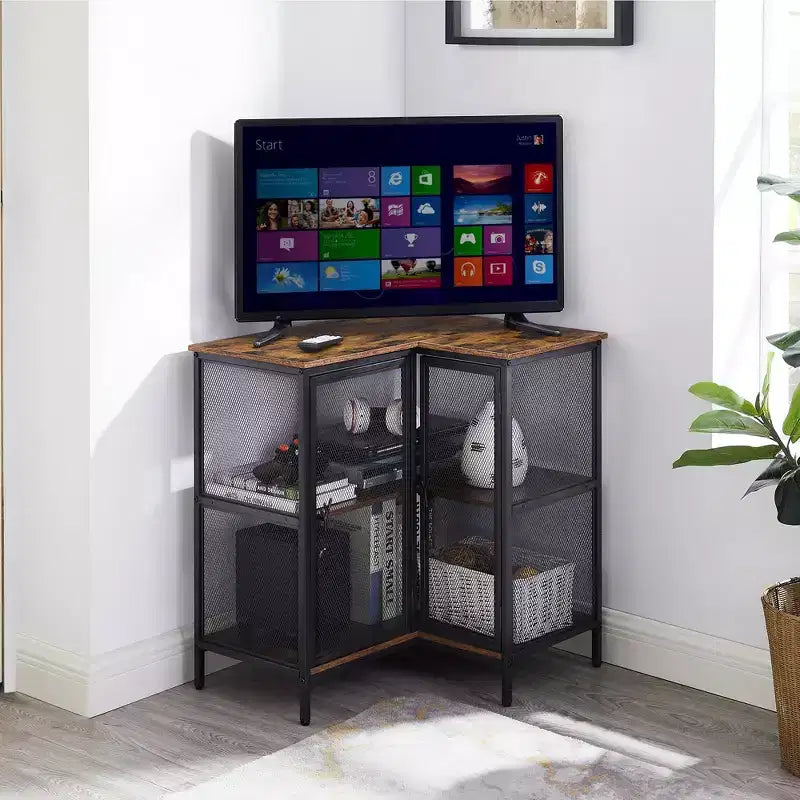 Meuble de rangement d'angle à 3 niveaux VECELO avec portes en maille, étagère d'angle rustique en forme de L, petit meuble de rangement d'angle pour salon, bureau à domicile