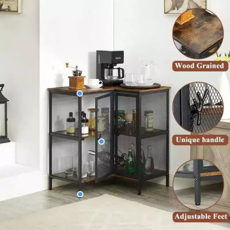 Meuble de rangement d'angle à 3 niveaux VECELO avec portes en maille, étagère d'angle rustique en forme de L, petit meuble de rangement d'angle pour salon, bureau à domicile