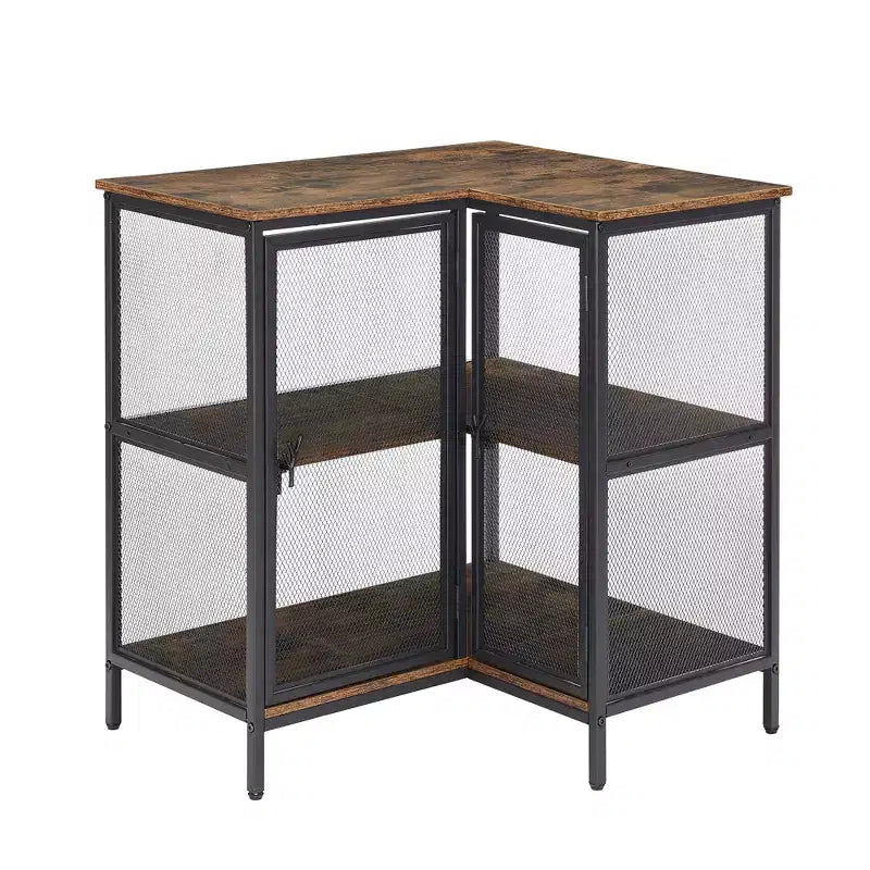 VECELO 3 Tier Corner Storage Cabinet with Mesh Doors, Rustic L-Shaped Corner Shelf Unit, Small Corner Organizer Cabinet for Living Room, Home Office