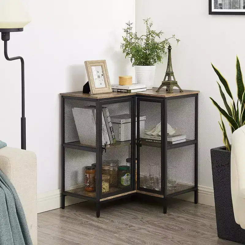 Meuble de rangement d'angle à 3 niveaux VECELO avec portes en maille, étagère d'angle rustique en forme de L, petit meuble de rangement d'angle pour salon, bureau à domicile