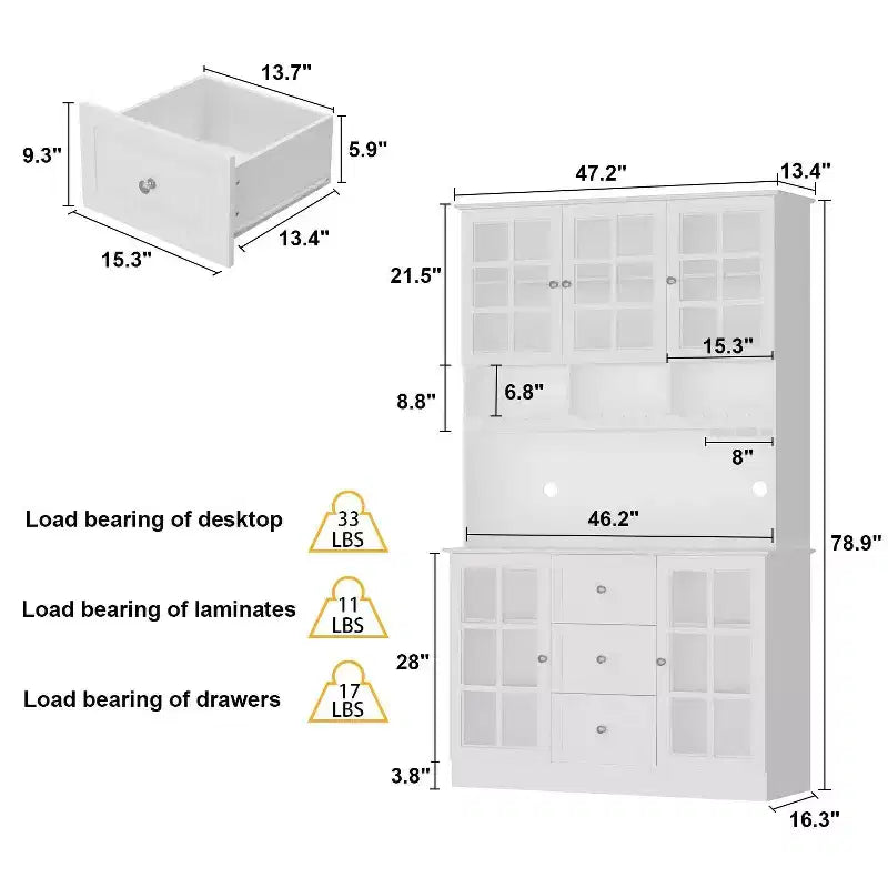 Meuble de cuisine en bois Hitow avec 3 tiroirs, 13 étagères et supports pour tasses et bouteilles
