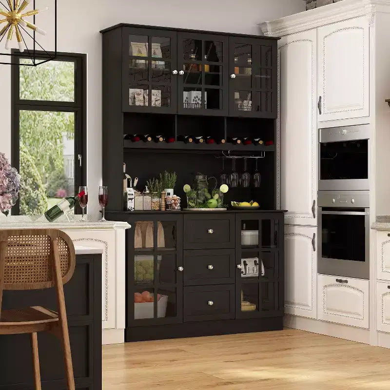 Meuble de cuisine en bois Hitow avec 3 tiroirs, 13 étagères et supports pour tasses et bouteilles